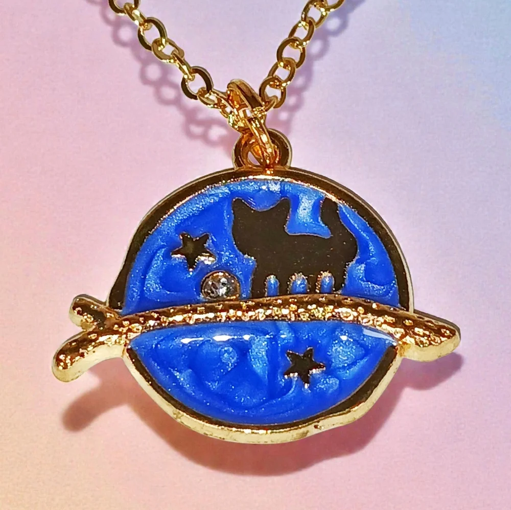 Long Coin Disc Necklace Galactic Cat Pendant Whimsygoth 1990s New Age Grunge